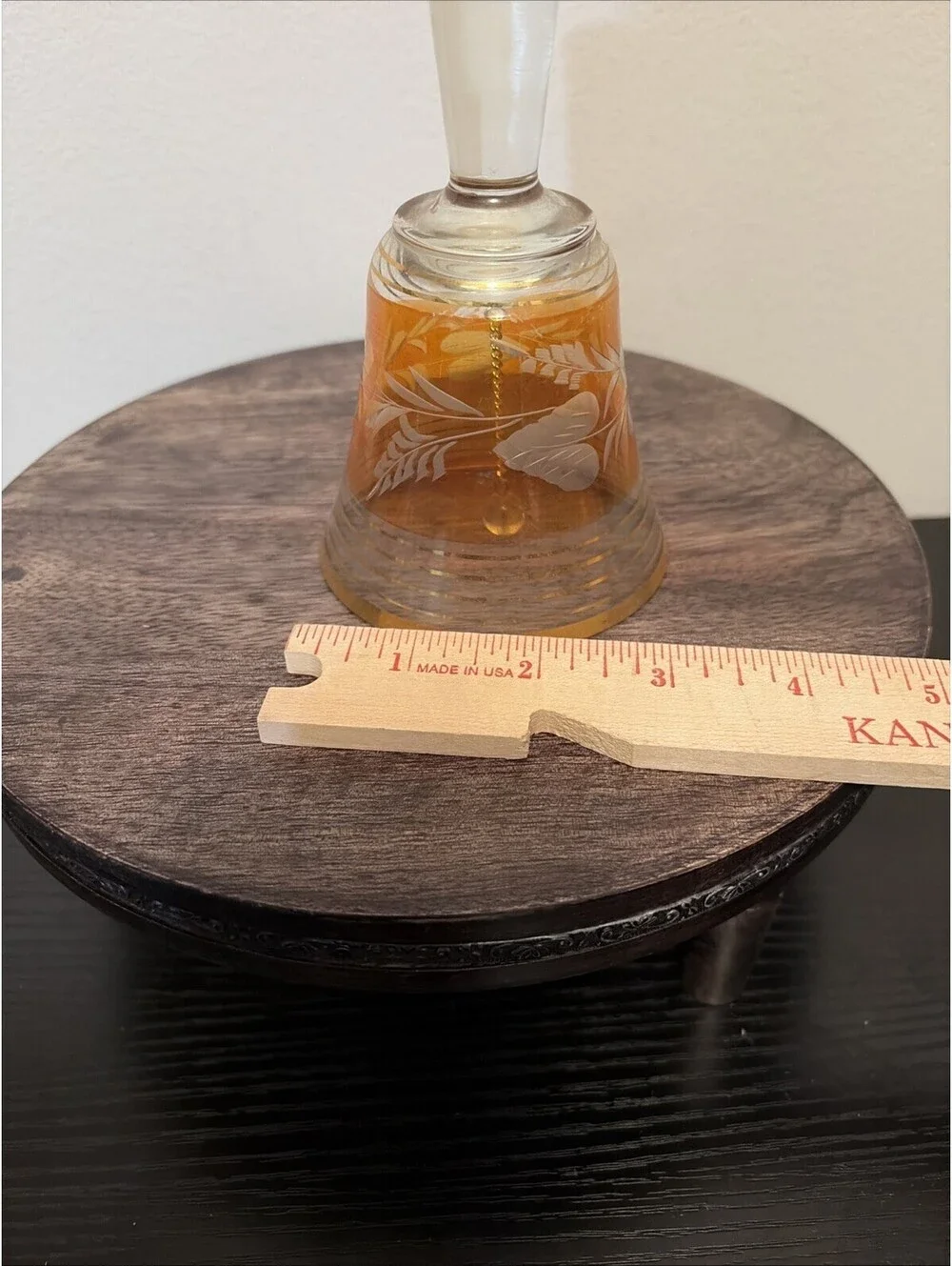 VINTAGE SAPSKA FABRIKA STAKLA PARACIN GLASS BELL CRYSTAL ETCH FLORAL YELLOW,GOLD